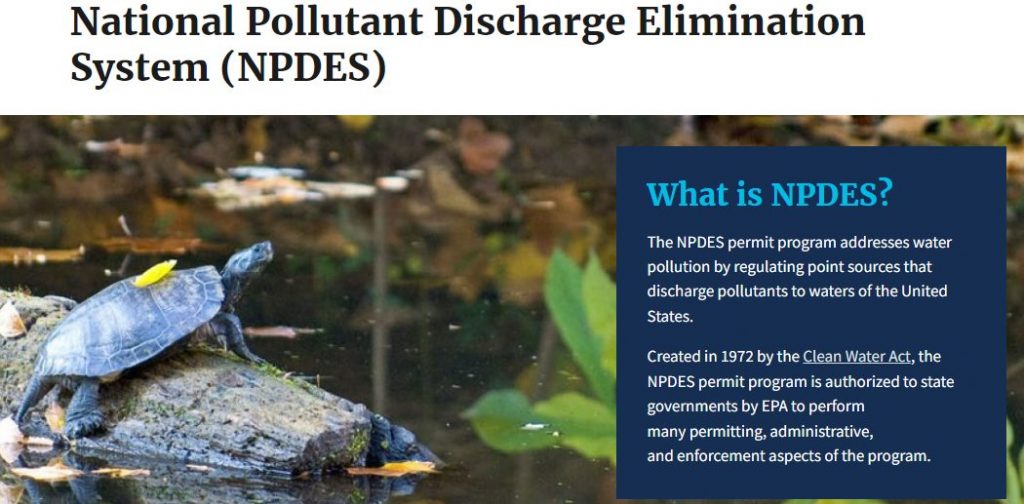 A Picture of water next to information about what NPDES is (NPDES Natural Pollutant Discharge Elimination System)