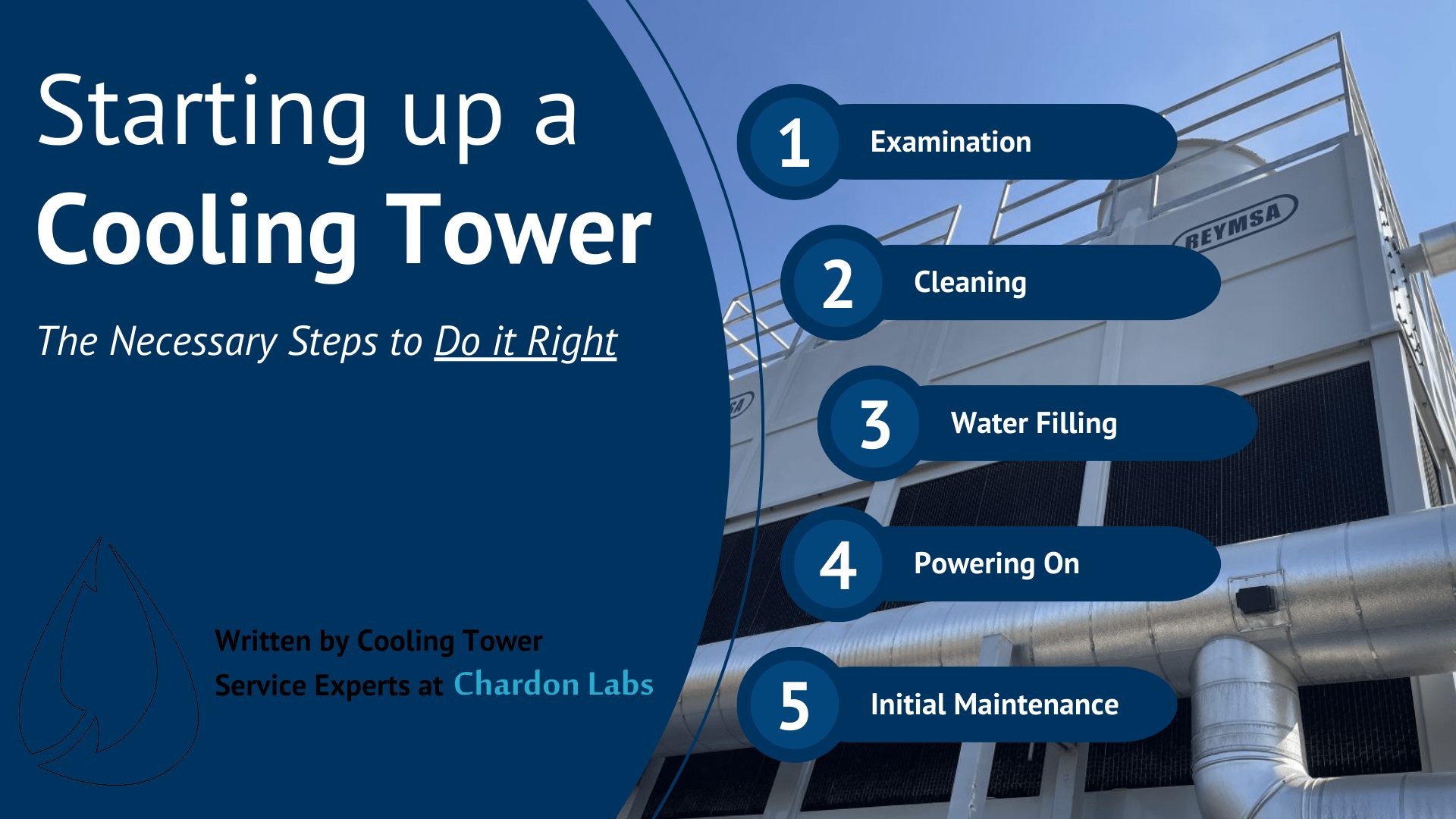 Starting up a Cooling tower, the necessary steps to do it right. This article includes 5 sections: examination, cleaning, water filling, powering on, and initial maintenance.