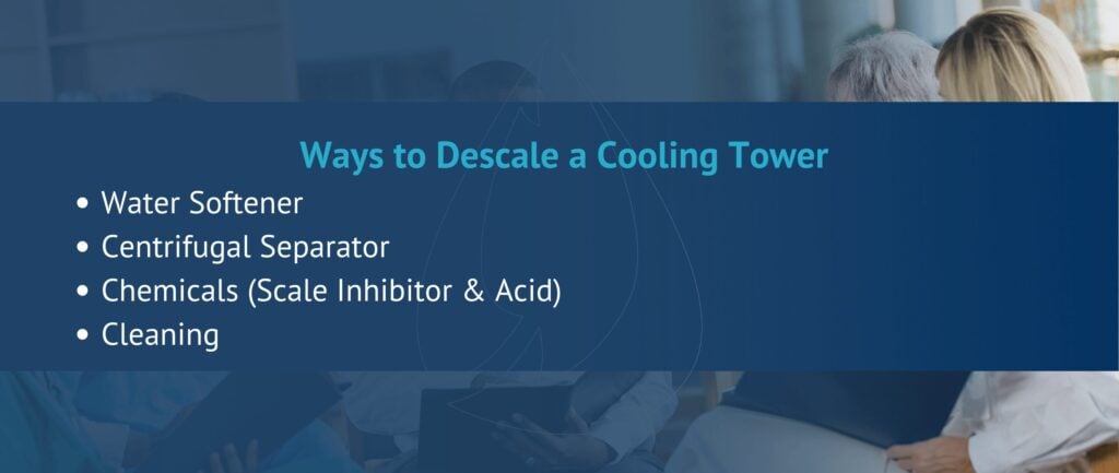 Ways to Descale a Cooling Tower
Water Softener
Centrifugal Separator
Chemicals (Scale Inhibitor & Acid)
Cleaning