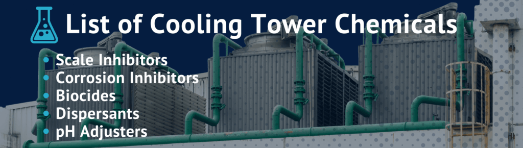 List of Cooling Tower Chemicals:

Scale Inhibitors
Corrosion Inhibitors
Biocides
Dispersants
pH Adjusters