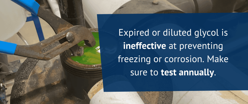 Expired or diluted glycol is ineffective at preventing freezing or corrosion. Make sure to test annually.
