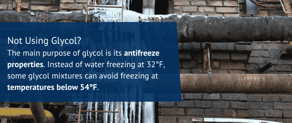 Not Using Glycol?
The main purpose of glycol is its antifreeze properties. Instead of water freezing at 32°F, some glycol mixtures can avoid freezing at temperatures below 54°F.