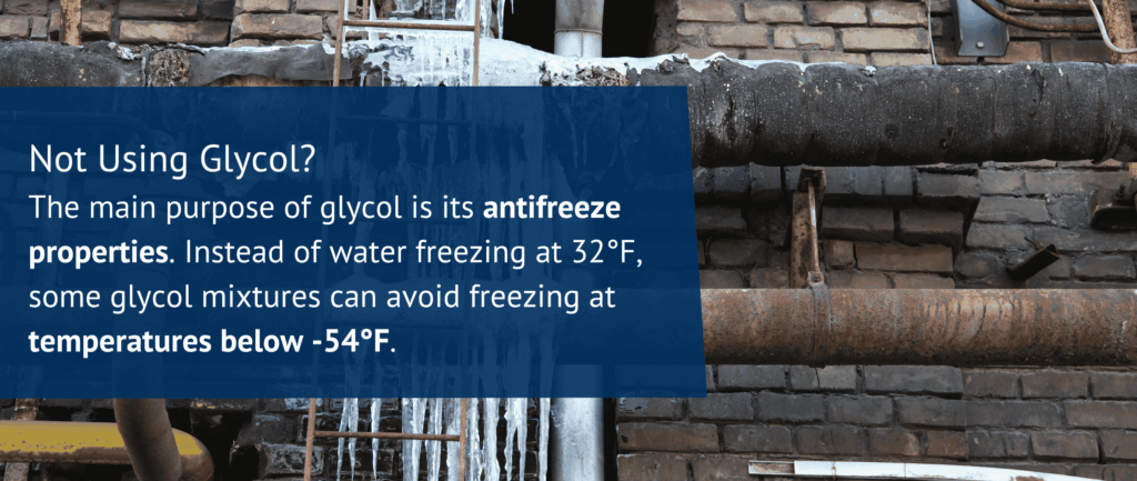 Not Using Glycol?
The main purpose of glycol is its antifreeze properties. Instead of water freezing at 32°F, some glycol mixtures can avoid freezing at temperatures below -54°F.